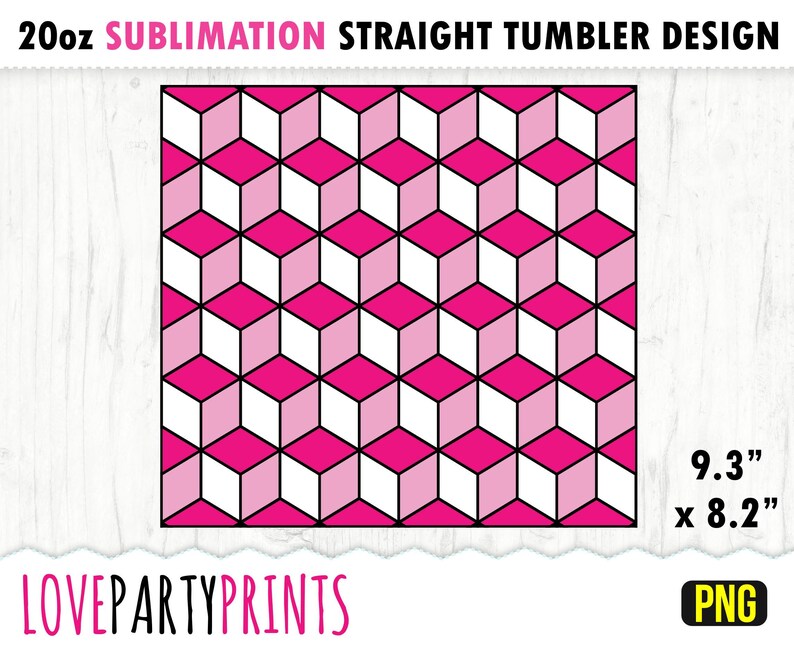 May include: A sublimation design for a 20oz straight tumbler featuring a pink and white geometric pattern of overlapping cubes. The design measures 9.3 inches by 8.2 inches.