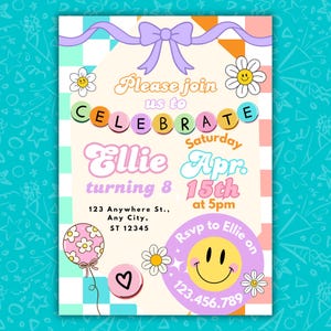 Modèle d'invitation anniversaire groovy des années 70, toile d'invitation rétro, fête Flower Power, téléchargement numérique modifiable, anniversaire Peace Love, Mobile 5 x 7