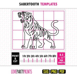 Sabertooth Tiger Template Life Size Cutout Prehistoric Ice Age Party Prop SVG PDF PNG