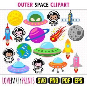 May include: A set of 13 colorful outer space themed clipart images. The images include a rocket, a planet, a UFO, a comet, a star, an astronaut, and a moon. The images are perfect for use in crafts, scrapbooking, and other creative projects.