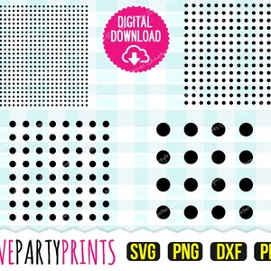 May include: Four different sized black and white polka dot patterns. The patterns are in a square shape. The text "LOVEPARTYPRINTS" is at the bottom of the image. The text "SVG PNG DXF PDF" is at the bottom of the image.