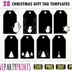 May include: 28 black and white Christmas gift tag templates featuring various holiday designs including snowmen, snowflakes, and Christmas trees. The text "LOVEPARTYPRINTS" is at the bottom of the image, along with the file types "SVG, PNG, DXF, PDF".