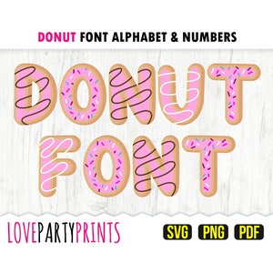 May include: Donut font alphabet and numbers. The letters are pink with white frosting and sprinkles. The word "DONUT FONT" is spelled out in the image.