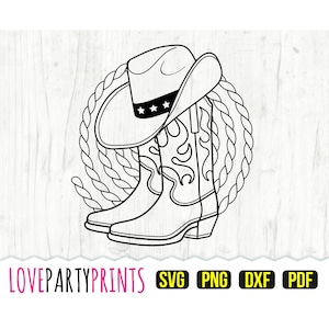 May include: Black and white line art illustration of a cowboy hat and boots with a rope design. The hat has a band with five stars.