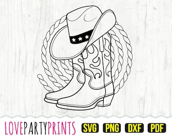 May include: Black and white line art illustration of a cowboy hat and boots with a rope design. The hat has a band with five stars.