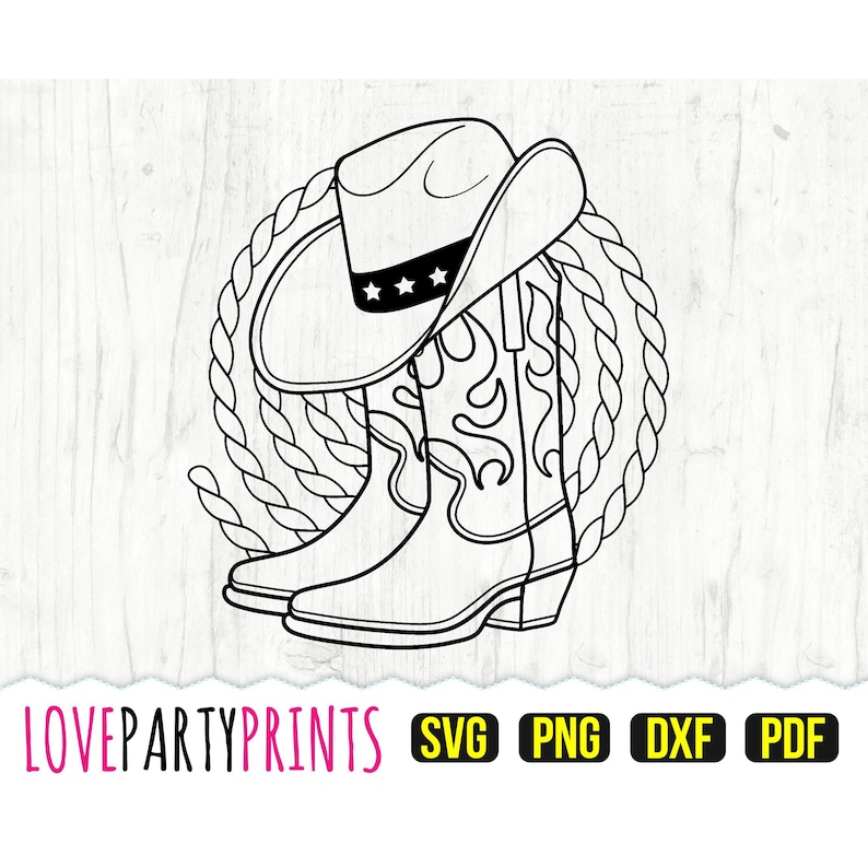 May include: Black and white line art illustration of a cowboy hat and boots with a rope design. The hat has a band with five stars.