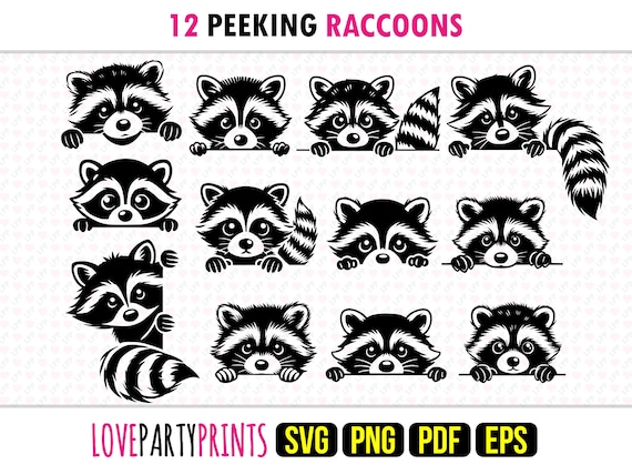 Peeking Raccoon Bundle, SVG, PNG, EPS, Pdf, 12 Raccoons Machine Cut Laser Cnc Vector Graphic Print Dye Sub Templates, Instant Download, 1755