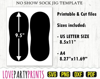 May include: A black and white printable template for no-show socks. The template includes two sock shapes, each measuring 9.5 inches in height. The template is available in US Letter size (8.5x11 inches) and A4 size (8.27x11.69 inches).