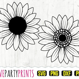 May include: Two black and white sunflower designs. One sunflower has a solid black center, while the other has a detailed center with small white dots. The image includes the text "LOVEPARTYPRINTS" and file type icons: SVG, PNG, DXF, and PDF.