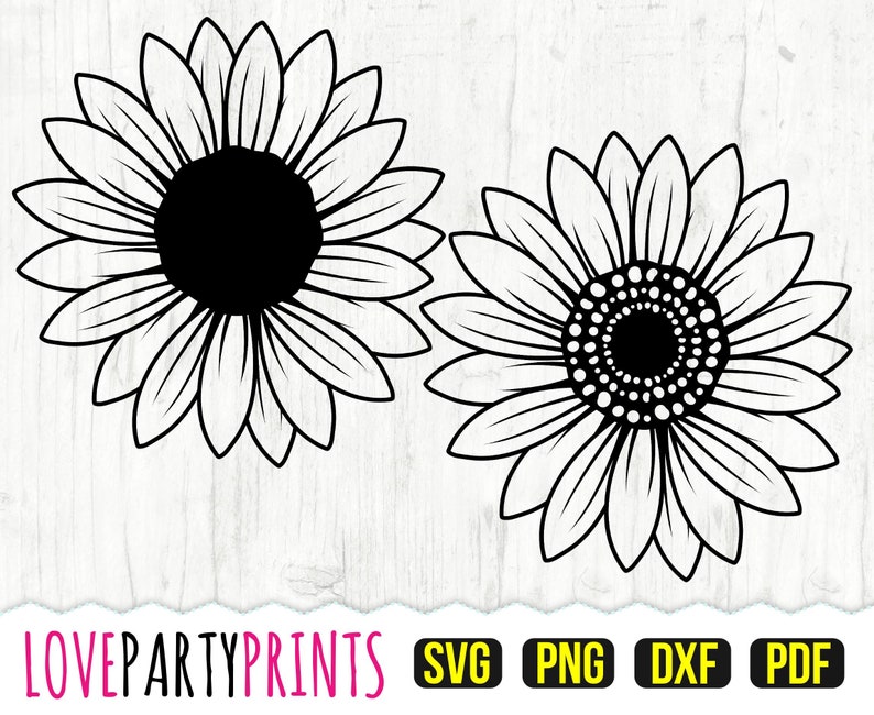 May include: Two black and white sunflower designs. One sunflower has a solid black center, while the other has a detailed center with small white dots. The image includes the text "LOVEPARTYPRINTS" and file type icons: SVG, PNG, DXF, and PDF.