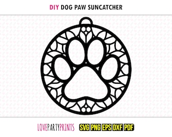 Atrapasol con huella de pata SVG, DXF, PNG, PDF, EPS, adorno de perro para ventana, silueta vectorial de corte láser, archivos de corte