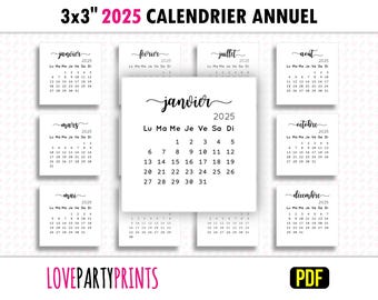 3x3 Calendrier 2025 annuel French Français PDF imprimable A4 et format lettre lundi et dimanche début de la semaine téléchargement numérique