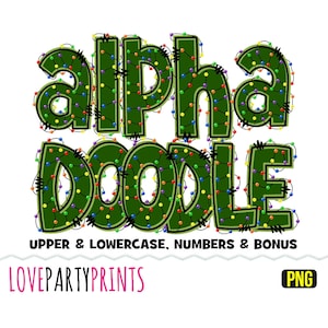 Alphabet de Noël lettres chiffres Doodle police PNG, majuscules et minuscules, lumières de Noël police, sublimation police PNG, téléchargement immédiat, ca173