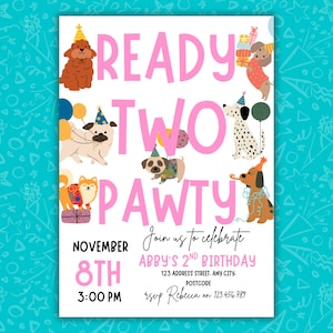 Ready Two Pawty バースデー招待状テンプレート | 編集可能なCanva | 印刷可能な犬用パーティー招待状 | デジタルダウンロード | モバイル＆5x7