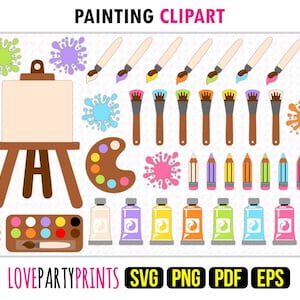 Kids Painting Clipart SVG, PNG EPS Pdf, 39 Artist Templates, Art Supplies, Paint Palette, Brushes Pencils, Easel, Splatter, Instant Download