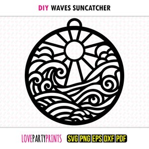 Atrapasol de olas del océano SVG, DXF, PNG, PDF, EPS, adorno para ventana, silueta vectorial cortada a máquina y láser, archivo de corte