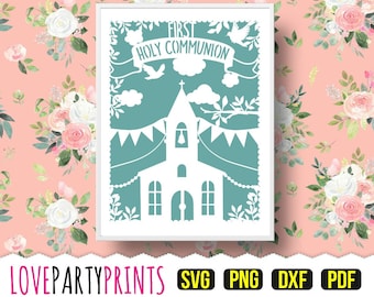 First Holy Communion Template PDF and PNG Clip Art with Svg and DXF Cutting Files, Handcut or Cutting Machines, (PC41)