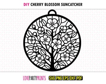 Kirschblüte Suncatcher SVG, Dxf, Png, Pdf, Eps, Fenster Ornament Sun Catcher, Maschinen- & Laserschnitt Silhouette Vektor Clip Art, Schnittdatei