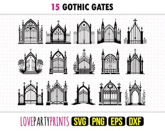 Gothic Gate SVG Bundle, PNG, EPS, Dxf, Spooky Gates, Medieval Gate Silhouette, Church Gates Svg, 15 Templates, Digital Download, 1290