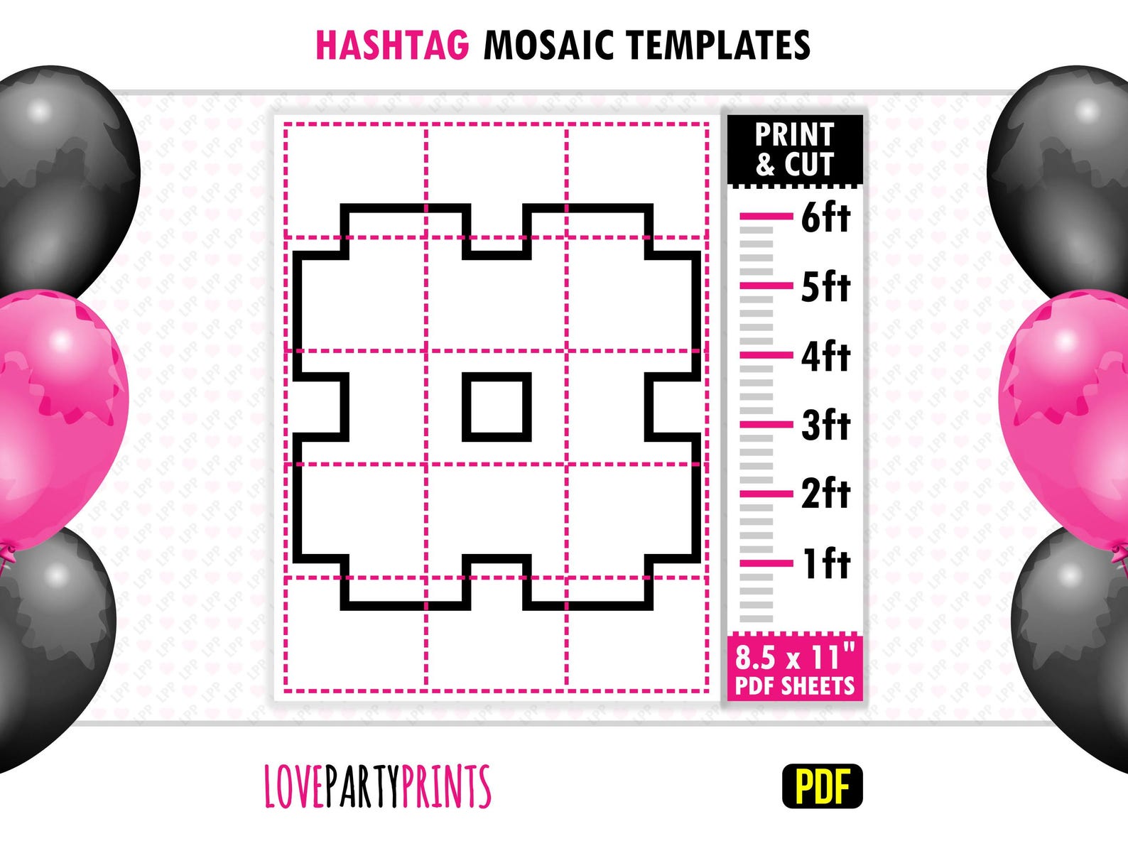 Hashtag Mosaic Balloon Frame Template PDF, 1ft, 2ft, 3ft, 4ft, 5ft, 6ft ...