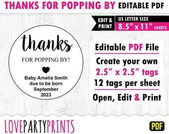 Editable PDF, Thanks for Popping By Favor Tags, Baby Popcorn Shower Favour Gift Tag, Letter Size 8.5"x11", Edit and Print, Instant Download