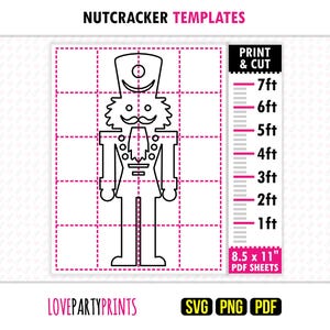 Könnte beinhalten: Eine schwarz-weiße Nussknacker-Vorlage mit einem Raster und einer vertikalen Skala von 1ft bis 7ft. Das Design enthält den Text NUTCRACKER TEMPLATES, PRINT & CUT und 8.5 x 11" PDF SHEETS sowie Beschriftungen für SVG, PNG und PDF-Formate.