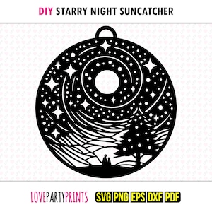 Atrapasueños de noche estrellada SVG, DXF, PNG, PDF, EPS, adorno de ventana para atrapasol, silueta vectorial cortada a láser, archivo de corte