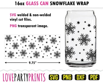 Sneeuwvlokglas kan SVG, DXF, PNG, Pdf, Winter kan Svg inpakken, Witte Kerst kan Svg inpakken, Seizoensgebonden Wrap Svg, 16oz Kan Glas Wrap, GC15