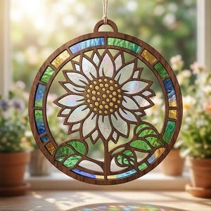 May include: A circular wooden suncatcher featuring a central sunflower design with iridescent glass petals and a dark brown frame. The outer ring contains small, colorful glass segments in shades of blue, green, and yellow, suspended by a thin string.