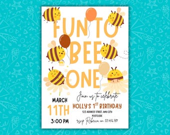 Fun To Bee One Birthday Invitation Template | Editable Canva Invite | First Birthday Party | 1st Bee Theme | Digital Download | Mobile & 5x7