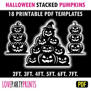 Puede incluir: 18 plantillas de calabazas apiladas para Halloween imprimibles en PDF. Las plantillas incluyen diferentes tamaños de calabazas, de 2 pies a 7 pies de alto. Las calabazas son siluetas en blanco y negro.