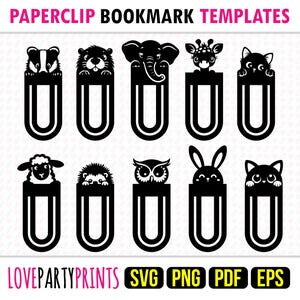 Op de afbeelding: Zwarte paperclip bladwijzer sjablonen met dieren, waaronder een das, bever, olifant, giraffe, kat, schaap, egel, uil en konijn. De tekst "PAPERCLIP BOOKMARK TEMPLATES" staat bovenaan.
