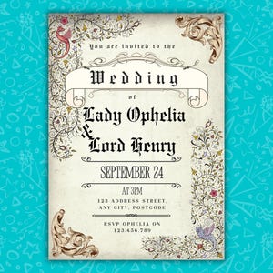 Modello di invito per matrimonio medievale / Matrimonio da favola con castello / Invito stampabile con cavalieri e principesse su Canva / Download digitale / Mobile, 5x7