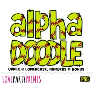 Softball Letters Numbers Doodle PNG Font, Uppercase & Lowercase Alphabet, Soft Ball Sports Font, Sublimation PNG, Instant Download, ca179