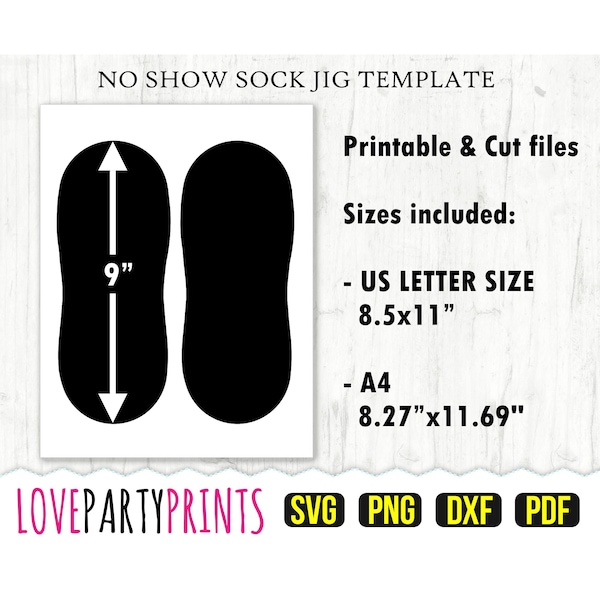 Sock Jig Template SVG, PDF, png, dxf, No Show Sock Jig Template, 9" Sock Jig Template, US Letter 11"x8.5", A4 8.27"x11.69", (CA69)