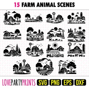 Farm Animal Scene SVG Bundle, PNG, EPS, Dxf, Farming Scenes, Cow Silhouette, Farmhouse Svg, 15 Outdoor Templates, Digital Download, 1288