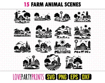 Farm Animal Scene SVG Bundle, PNG, EPS, Dxf, Farming Scenes, Cow Silhouette, Farmhouse Svg, 15 Outdoor Templates, Digital Download, 1288