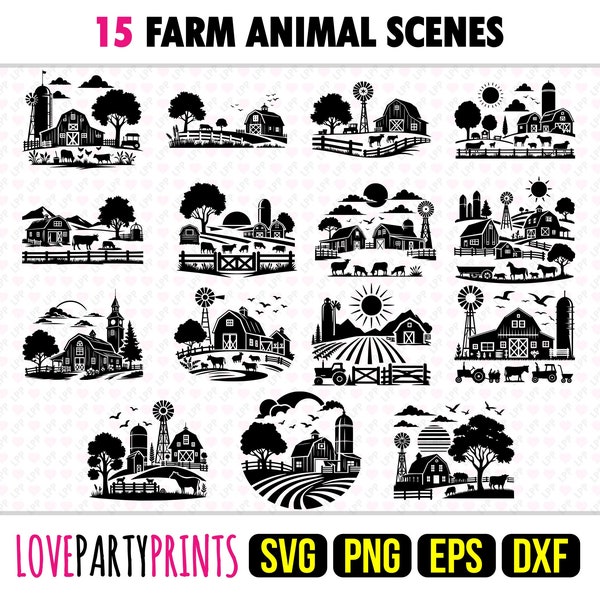 Boerderij dieren scène SVG bundel, PNG, EPS, Dxf, landbouwscènes, koesilhouet, boerderij Svg, 15 buitensjablonen, digitale download, 1288