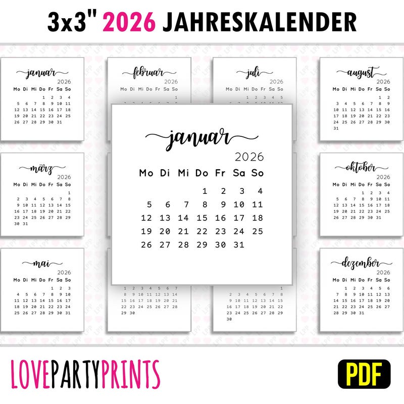 Mini calendar 2026 printable 3x3 - Etsy.de