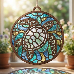 May include: A circular wooden hanging ornament featuring a laser-cut sea turtle silhouette. The design is filled with translucent, textured glass panels in shades of blue, teal, and yellow, creating a stained-glass effect that casts light.