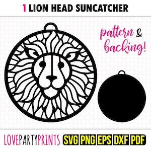 ライオン サンキャッチャー SVG、DXF、PNG、Pdf、Eps、ライオンの頭飾りサンキャッチャー、レーザーカッターシルエットベクタークリップアート、サファリカッティングファイル、1392