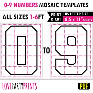 6ft, 5ft, 4ft, 3ft, 2ft, 1ft, 0-9 All Numbers Mosaic Balloons Templates, Square Numbers, 8.5x11 Printable PDF, Instant Download, PDF, BT11 zdjęcie 1