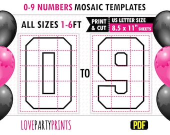 6ft, 5ft, 4ft, 3ft, 2ft, 1ft, 0-9 All Numbers Mosaic Balloons Templates, Square Numbers, 8.5"x11" Printable PDF, Instant Download, PDF, BT11