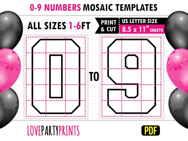 6ft, 5ft, 4ft, 3ft, 2ft, 1ft, 0-9 All Numbers Mosaic Balloons Templates, Square Numbers, 8.5x11 Printable PDF, Instant Download, PDF, BT11 zdjęcie 1