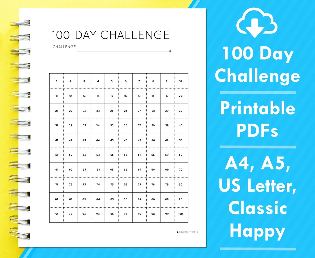 100 Day Challenge Printable, Journal Tracker, Project Worksheet, Goal ...