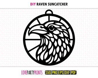 Atrapasol con cara de cuervo SVG, DXF, PNG, PDF, EPS, adorno de pájaro para ventana, silueta vectorial cortada a láser, archivo de corte