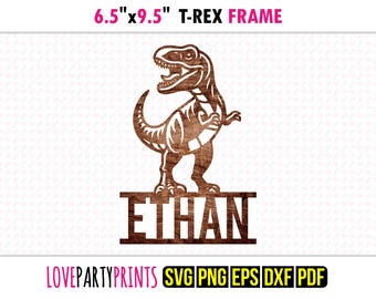 T-Rex namnskylt SVG | Mall för dinosaurieväggkonst | Laserskurna och maskinskärande filer | Personlig barnrumsdekor Dxf Png Eps Pdf