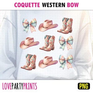 Western Bow PNG Sublimation Pastel Coquette Cowboy Cowgirl Hat Boots Bow Country Vibes American Girl Shirt Design PNG Digital Download, 1589