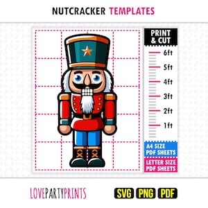Plantilla de Cascanueces en PDF, SVG y PNG, para imprimir y cortar, ideal para decorar el jardín o como decoración navideña, de 30 cm a 180 cm, plantillas imprimibles y descarga digital.