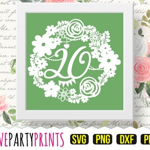 20e anniversaire Papercut Template Couronne PDF et PNG Clip Art avec fichiers de découpe Svg et DXF, découpe à la main ou machines de découpe, (PC16)